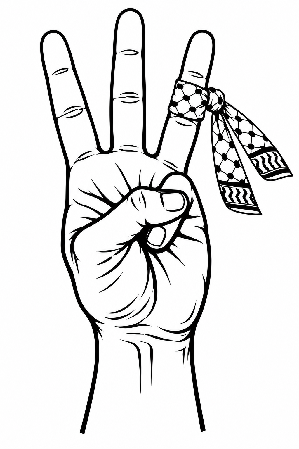 Peace Plus ONE three-finger reminder with a Kaffiya tied around one finger