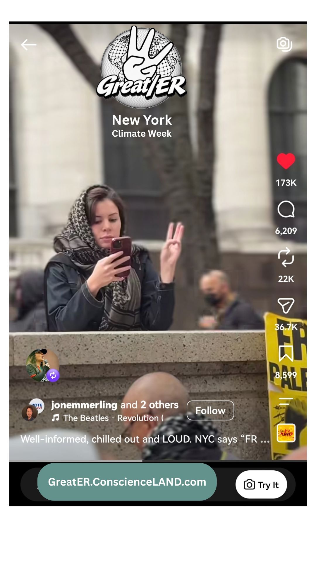 A young woman photographs herself holding up three fingers during Great/ER Climate Week New York